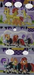 Size: 1905x4096 | Tagged: safe, artist:skitter, princess celestia, earth pony, pony, 3 panel comic, armor, binoculars, castle, clothes, comic, disguise, female, magic, maid, male, mare, stallion, walking