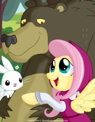 Size: 791x1010 | Tagged: safe, imported from derpibooru, angel bunny, fluttershy, harry, bear, masha and the bear