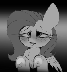 Size: 1632x1740 | Tagged: safe, artist:arume_lux, fluttershy, pegasus, pony, blushing, chest fluff, monochrome, sketch, tongue out