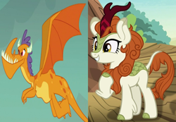 Size: 1510x1045 | Tagged: safe, edit, imported from derpibooru, screencap, autumn blaze, billy (dragon), dragon, kirin, gauntlet of fire, sounds of silence, background dragon, billyblaze, crack shipping, cropped, female, flying, male, shipping, shipping domino, straight, teenaged dragon