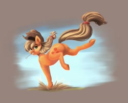 Size: 1737x1398 | Tagged: safe, artist:galinn-arts, artist:slowpokest, imported from derpibooru, applejack, earth pony, pony, bucking, collaboration, gray background, grin, looking at you, looking back, mouth hold, simple background, smiling, solo, straw, underhoof