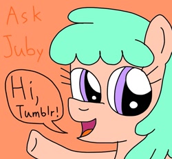 Size: 753x698 | Tagged: safe, artist:yorkyloves, imported from derpibooru, jubileena, earth pony, pony, ask, ask juby, background pony, cute, diaileena, female, juby, mare, open mouth, orange background, simple background, speech bubble, talking, title, title card, tumblr, waving