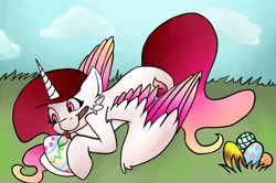 Size: 1280x852 | Tagged: safe, artist:skyblazeart, imported from derpibooru, oc, oc only, oc:skyblaze, alicorn, pony, alicorn oc, colored wings, easter, easter egg, egg, female, full body, gradient mane, gradient wings, grass, happy, holiday, horn, paintbrush, solo, wings