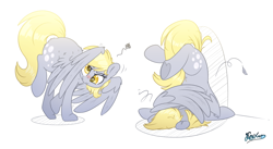 Size: 3920x2150 | Tagged: safe, artist:fluffyxai, imported from derpibooru, derpy hooves, rumble, pegasus, pony, angry, blushing, clumsy, cute, derpabetes, fail, falling, grooming, high res, madorable, preening, rule 63, silly, simple background, solo, tumble, tumbling, white background, wings
