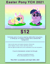 Size: 1275x1650 | Tagged: safe, artist:spellboundcanvas, imported from derpibooru, fluttershy, twilight sparkle, alicorn, pony, advertisement, bunny ears, commission, commission info, easter, easter egg, holiday, solo, twilight sparkle (alicorn), your character here