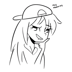 Size: 720x720 | Tagged: safe, artist:rapunzelights, artist:twiskielulamoon, imported from derpibooru, rainbow dash, human, backwards ballcap, baseball cap, bedroom eyes, bust, cap, clothes, eyelashes, female, hat, humanized, lineart, monochrome, simple background, smiling, smirk, solo, thinking, white background