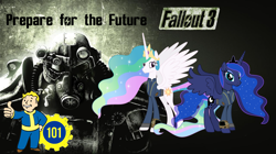 Size: 5360x3008 | Tagged: safe, artist:andoanimalia, artist:ponygamer2020, imported from derpibooru, princess celestia, princess luna, alicorn, fallout equestria, armor, brotherhood of steel, clothes, crown, duo, fallout, fallout 3, female, jewelry, jumpsuit, pipboy, power armor, prepare for the future, regalia, royal sisters, siblings, sisters, vault 101, vault boy, vault suit, vector, wallpaper