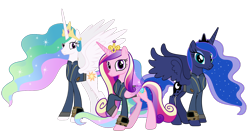 Size: 5360x3008 | Tagged: safe, artist:andoanimalia, artist:ponygamer2020, imported from derpibooru, princess cadance, princess celestia, princess luna, alicorn, pony, fallout equestria, absurd resolution, alicorn triarchy, clothes, crown, fallout, female, implied wing hole, jewelry, jumpsuit, looking at you, mare, pipboy, regalia, royal sisters, siblings, simple background, sisters, smiling, transparent background, trio, vault suit, vector