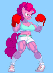 Size: 925x1280 | Tagged: safe, artist:chompolon, imported from derpibooru, pinkie pie, anthro, earth pony, plantigrade anthro, :p, bandaid on nose, blue background, boxing, boxing gloves, breasts, busty pinkie pie, clothes, female, fighting stance, muscles, muscular female, nose bandaid, pinkie pump, shoes, shorts, signature, simple background, socks, solo, sports, sports bra, sports shorts, tongue out