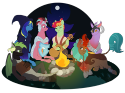 Size: 2700x2000 | Tagged: safe, artist:theartfox2468, imported from derpibooru, oc, oc only, oc:cocoa berry, oc:halcyon halfnote, oc:larynx (changeling), oc:lobelya, oc:wild goosechase, unnamed oc, changedling, changeling, dragon, earth pony, kirin, pegasus, pony, unicorn, armor, bandage, bandana, bard, boots, camp, campfire, changedling oc, changeling oc, clothes, dnd, dragon oc, dungeons and dragons, eyes closed, fantasy class, female, food, freckles, gloves, glowing horn, grin, guitar, hat, healer, helmet, high res, hoof shoes, horn, kirin oc, knee pads, levitation, log, lying down, magic, male, mare, marshmallow, multicolored hair, musical instrument, night, nonbinary, open mouth, pants, pen and paper rpg, prone, robe, rock, rpg, shield, shirt, shoes, singing, sitting, sky, smiling, stars, stick, telekinesis, tree, vest, wall of tags, wizard, wizard hat, wood