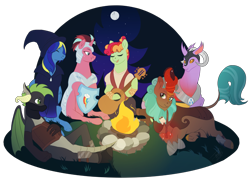 Size: 2700x2000 | Tagged: safe, alternate version, artist:theartfox2468, imported from derpibooru, oc, oc only, oc:cocoa berry, oc:halcyon halfnote, oc:larynx (changeling), oc:lobelya, oc:wild goosechase, unnamed oc, changedling, changeling, dragon, earth pony, kirin, pegasus, pony, unicorn, armor, bandage, bandana, bard, boots, camp, campfire, changedling oc, changeling oc, clothes, dnd, dragon oc, dungeons and dragons, eyes closed, fantasy class, female, food, freckles, gloves, glowing horn, grin, guitar, hat, healer, helmet, high res, hoof shoes, horn, kirin oc, knee pads, levitation, log, lying down, magic, male, mare, marshmallow, multicolored hair, musical instrument, night, nonbinary, open mouth, pants, pen and paper rpg, prone, robe, rock, rpg, shield, shirt, shoes, singing, sitting, sky, smiling, stars, stick, telekinesis, tree, vest, wall of tags, wizard, wizard hat, wood