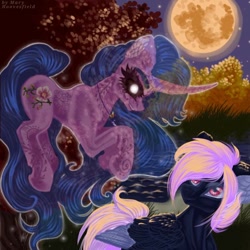 Size: 768x768 | Tagged: safe, artist:maryhoovesfield, imported from derpibooru, oc, oc only, ghost, pegasus, pony, undead, unicorn, duo, ear fluff, eyelashes, floating, full moon, horn, jewelry, looking back, moon, necklace, night, not izzy moonbow, outdoors, pegasus oc, pond, signature, stars, two toned wings, unicorn oc, wings