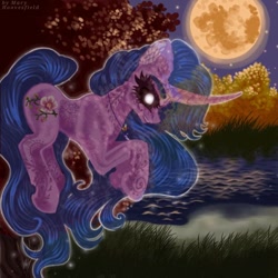 Size: 768x768 | Tagged: safe, alternate version, artist:maryhoovesfield, imported from derpibooru, oc, oc only, ghost, pony, undead, unicorn, ear fluff, eyelashes, floating, full moon, horn, jewelry, moon, necklace, night, outdoors, pond, signature, solo, stars, unicorn oc