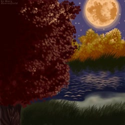 Size: 768x768 | Tagged: safe, alternate version, artist:maryhoovesfield, imported from derpibooru, background, full moon, moon, night, no pony, outdoors, pond, signature, stars