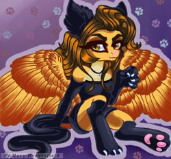 Size: 480x445 | Tagged: safe, artist:maryhoovesfield, imported from derpibooru, oc, oc only, anthro, cat, pegasus, clothes, costume, ear fluff, eyelashes, female, paw pads, paw prints, paw socks, pegasus oc, signature, sitting, smiling, solo, spread wings, waving, wings