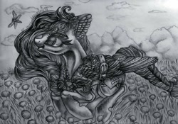 Size: 1024x718 | Tagged: safe, artist:maryhoovesfield, imported from derpibooru, oc, oc only, dragonfly, insect, pegasus, pony, cloud, dandelion, ear fluff, eyelashes, grayscale, monochrome, outdoors, pegasus oc, running, signature, smiling, solo, traditional art, wings