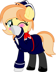 Size: 5000x6376 | Tagged: safe, artist:jhayarr23, imported from derpibooru, oc, oc only, oc:fruitlines, earth pony, pony, blushing, female, flight attendant, looking at you, mare, one eye closed, simple background, solo, stewardess, transparent background