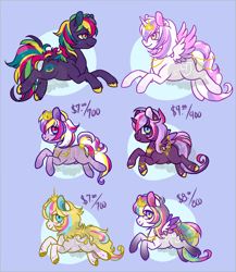 Size: 2000x2300 | Tagged: safe, artist:lavvythejackalope, imported from derpibooru, oc, oc only, alicorn, earth pony, pegasus, pony, alicorn oc, base used, blue background, crown, earth pony oc, freckles, high res, horn, jewelry, multicolored hair, pegasus oc, rainbow hair, regalia, simple background, smiling, unshorn fetlocks, wings