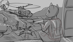 Size: 1200x700 | Tagged: safe, artist:zeroonesunray, imported from derpibooru, anthro, helicopter, weapon, wip