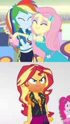 Size: 1288x2289 | Tagged: safe, edit, edited screencap, imported from derpibooru, screencap, fluttershy, pinkie pie, rainbow dash, sunset shimmer, equestria girls, equestria girls series, holidays unwrapped, rollercoaster of friendship, spoiler:eqg series (season 2), dashing through the mall, drama, holidays unwrapped drama, rageset shimmer, red face