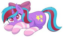 Size: 2692x1582 | Tagged: safe, artist:eyeburn, imported from derpibooru, oc, oc only, oc:cosmic spark, pony, unicorn, bow, clothes, cute, simple background, socks, solo, striped socks, transparent background