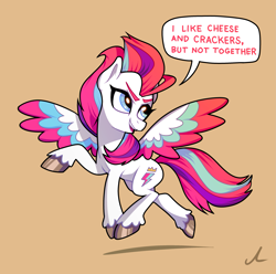 Size: 2961x2943 | Tagged: safe, artist:docwario, imported from derpibooru, zipp storm, pegasus, pony, colored wings, dialogue, female, g5, high res, looking back, mare, multicolored wings, open mouth, raised hoof, solo, speech bubble, spread wings, text, unshorn fetlocks, wings