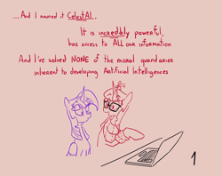 Size: 1180x934 | Tagged: safe, artist:aragón, imported from derpibooru, moondancer, twilight sparkle, alicorn, pony, unicorn, fanfic:friendship is optimal, artificial intelligence, computer, implied oc:celestai, laptop computer, text, twilight sparkle (alicorn)