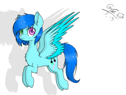 Size: 2048x1536 | Tagged: safe, imported from derpibooru, oc, oc only, oc:cloud west, pegasus, pony, female, flying, heterochromia, mare, pegasus oc, simple background, smiling, solo, wings