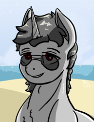 Size: 2550x3300 | Tagged: safe, artist:tofuslied-, imported from derpibooru, oc, oc only, oc:diligent, pony, unicorn, beach, high res, solo, sunglasses