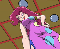 Size: 6369x5228 | Tagged: safe, artist:cdrudd, imported from derpibooru, pinkie pie, human, crossover, female, from below, giantess, humanized, looking down, low angle, macro, offscreen character, pov, ranma 1/2, shampoo (ranma 1/2), solo, worm's eye view