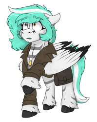 Size: 1728x2172 | Tagged: safe, artist:rokosmith26, imported from derpibooru, oc, oc only, pegasus, pony, bag, clothes, ears back, female, floppy ears, folded wings, hoof fluff, jacket, jewelry, looking up, markings, necklace, saddle bag, scared, simple background, solo, standing, transparent background, wings