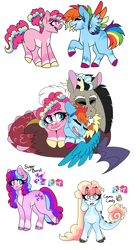 Size: 1833x3265 | Tagged: safe, artist:rainbowquasar, imported from derpibooru, discord, pinkie pie, rainbow dash, oc, oc:cosmic candy, oc:sugar burst, pony, bisexual, colored wings, discodash, discopie, discopinkiedash, female, heterochromia, interspecies offspring, lesbian, magical lesbian spawn, magical threesome spawn, male, missing cutie mark, multicolored wings, multiple parents, offspring, ot3, parent:discord, parent:pinkie pie, parent:rainbow dash, parents:discopinkiedash, parents:pinkiedash, pinkiedash, polyamory, rainbow wings, shipping, simple background, starry eyes, straight, white background, wingding eyes, wings