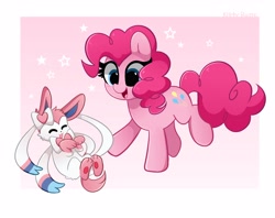 Size: 4096x3246 | Tagged: safe, artist:kittyrosie, imported from derpibooru, pinkie pie, earth pony, pony, sylveon, cute, diapinkes, duo, eyes closed, heart, open mouth, pokémon, smiling