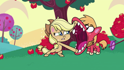 Size: 1920x1080 | Tagged: safe, imported from derpibooru, screencap, applejack, big macintosh, earth pony, pony, my little pony: pony life, spoiler:pony life s02e07, apple, faic, female, food, g4.5, male, mare, pony life, stallion, terrorarium, tree, wheelbarrow