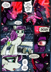 Size: 2480x3508 | Tagged: safe, artist:dsana, imported from derpibooru, fizzlepop berrytwist, tempest shadow, oc, oc:fireweed, oc:thistledown, earth pony, pony, unicorn, comic:a storm's lullaby, armor, blizzard, brother and sister, comic, crying, crystal armor, duck and cover, female, glowing horn, high res, horn, male, mare, oh snap, protecting, scar, siblings, snow, snowfall, stallion, teary eyes, tempest gets her horn back