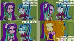 Size: 1280x720 | Tagged: safe, artist:quoterific, edit, edited screencap, editor:quoterific, imported from derpibooru, screencap, adagio dazzle, aria blaze, sonata dusk, equestria girls, rainbow rocks, adagio dazzle is not amused, adagio is not amused, aria blaze is not amused, disguise, disguised siren, gem, implied sunset shimmer, siren gem, surrounded by idiots, the dazzlings, unamused