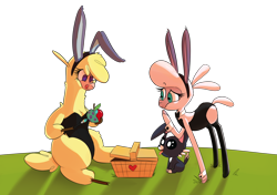 Size: 1344x948 | Tagged: safe, artist:hitsuji, imported from derpibooru, paprika paca, pom lamb, alpaca, dog, sheep, them's fightin' herds, apple, basket, bunny ears, bunny suit, clothes, community related, cufflinks, food, latex, latex socks, painting, paprika (tfh), pom (tfh), simple background, socks, transparent background