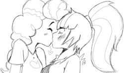 Size: 750x441 | Tagged: safe, artist:raijuri, imported from derpibooru, pinkie pie, sonata dusk, equestria girls, black and white, female, floating heart, grayscale, heart, kiss on the lips, kissing, lesbian, monochrome, pinata (ship), shipping, sketch