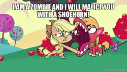 Size: 800x450 | Tagged: safe, edit, edited screencap, imported from derpibooru, screencap, applejack, big macintosh, earth pony, pony, my little pony: pony life, spoiler:pony life s02e07, apple, caption, ed edd n eddy, female, food, g4.5, image macro, male, mare, memeful.com, pony life, stallion, terrorarium, text, the good ol' ed, tree