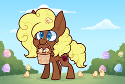 Size: 3000x2000 | Tagged: safe, artist:jetjetj, imported from derpibooru, part of a set, oc, oc only, oc:éclair, earth pony, pony, basket, chick, commission, easter egg, female, high res, mare, mouth hold, solo, ych result