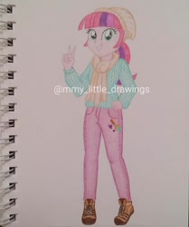 Size: 1003x1199 | Tagged: safe, artist:mmy_little_drawings, imported from derpibooru, oc, oc only, equestria girls, beanie, clothes, eyelashes, female, grin, hat, obtrusive watermark, pants, peace sign, scarf, shoes, smiling, solo, traditional art, watermark