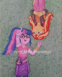 Size: 1039x1299 | Tagged: safe, artist:mmy_little_drawings, imported from derpibooru, sci-twi, sunset shimmer, twilight sparkle, equestria girls, equestria girls series, sunset's backstage pass!, spoiler:eqg series (season 2), :d, bracelet, clothes, female, grass, jacket, jewelry, lesbian, lying down, obtrusive watermark, on back, open mouth, pointing, scitwishimmer, shipping, skirt, smiling, sunsetsparkle, traditional art, watermark