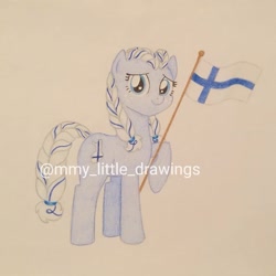 Size: 1061x1061 | Tagged: safe, artist:mmy_little_drawings, imported from derpibooru, earth pony, pony, braid, braided tail, eyelashes, female, finland, flag, nation ponies, obtrusive watermark, ponified, raised hoof, smiling, traditional art, watermark