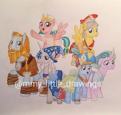 Size: 1080x1030 | Tagged: safe, artist:mmy_little_drawings, imported from derpibooru, flash magnus, meadowbrook, mistmane, rockhoof, somnambula, star swirl the bearded, earth pony, pegasus, pony, unicorn, :d, clothes, female, flying, hat, helmet, male, mare, mask, obtrusive watermark, pillars of equestria, raised hoof, stallion, traditional art, underhoof, watermark, wings