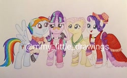 Size: 1080x663 | Tagged: safe, artist:mmy_little_drawings, imported from derpibooru, flutterholly, fluttershy, merry, rainbow dash, rarity, snowdash, snowfall frost, starlight glimmer, pegasus, pony, unicorn, clothes, dress, female, glasses, hat, horn, mare, obtrusive watermark, traditional art, watermark, wings