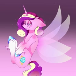 Size: 1080x1080 | Tagged: safe, artist:tessa_key_, imported from derpibooru, princess cadance, alicorn, pony, alternate design, bedroom eyes, butterfly wings, ear fluff, eyelashes, female, flying, gradient background, hoof fluff, hoof polish, horn, mare, smiling, solo, unshorn fetlocks, wings