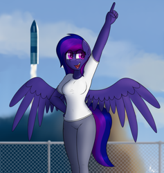Size: 1800x1900 | Tagged: safe, artist:ponynamedmixtape, imported from derpibooru, oc, oc only, oc:circinus, anthro, pegasus, clothes, female, freckles, rocket, solo, spacex, starship