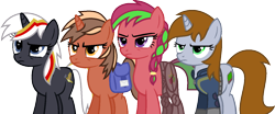 Size: 1336x555 | Tagged: safe, artist:kingbases, artist:pegasski, imported from derpibooru, oc, oc only, oc:littlepip, oc:softbox, oc:velvet remedy, earth pony, pony, unicorn, fallout equestria, amputee, bag, base used, bottomless, clothes, earth pony oc, eyelashes, female, frown, group, horn, mare, partial nudity, prosthetic leg, prosthetic limb, prosthetics, saddle bag, show accurate, simple background, transparent background