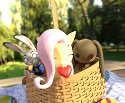 Size: 3921x3240 | Tagged: safe, artist:weedy, imported from derpibooru, fluttershy, pony, 3d, basket, blender, easter, heart, high res, holiday, judy hopps, outdoors, zootopia