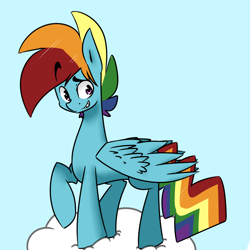 Size: 800x800 | Tagged: safe, artist:raijuri, imported from derpibooru, rainbow dash, pegasus, pony, cloud, eyebrows, eyebrows visible through hair, grin, male, on a cloud, one hoof raised, rainbow blitz, raised eyebrow, raised hoof, rule 63, simple background, sky background, smiling, solo, stallion, standing on a cloud